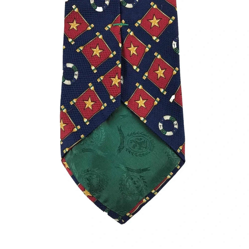 Vtg Tommy Hilfiger Mens Silk Tie Stars Nautical Life‎ Preservers Red Gold Navy
